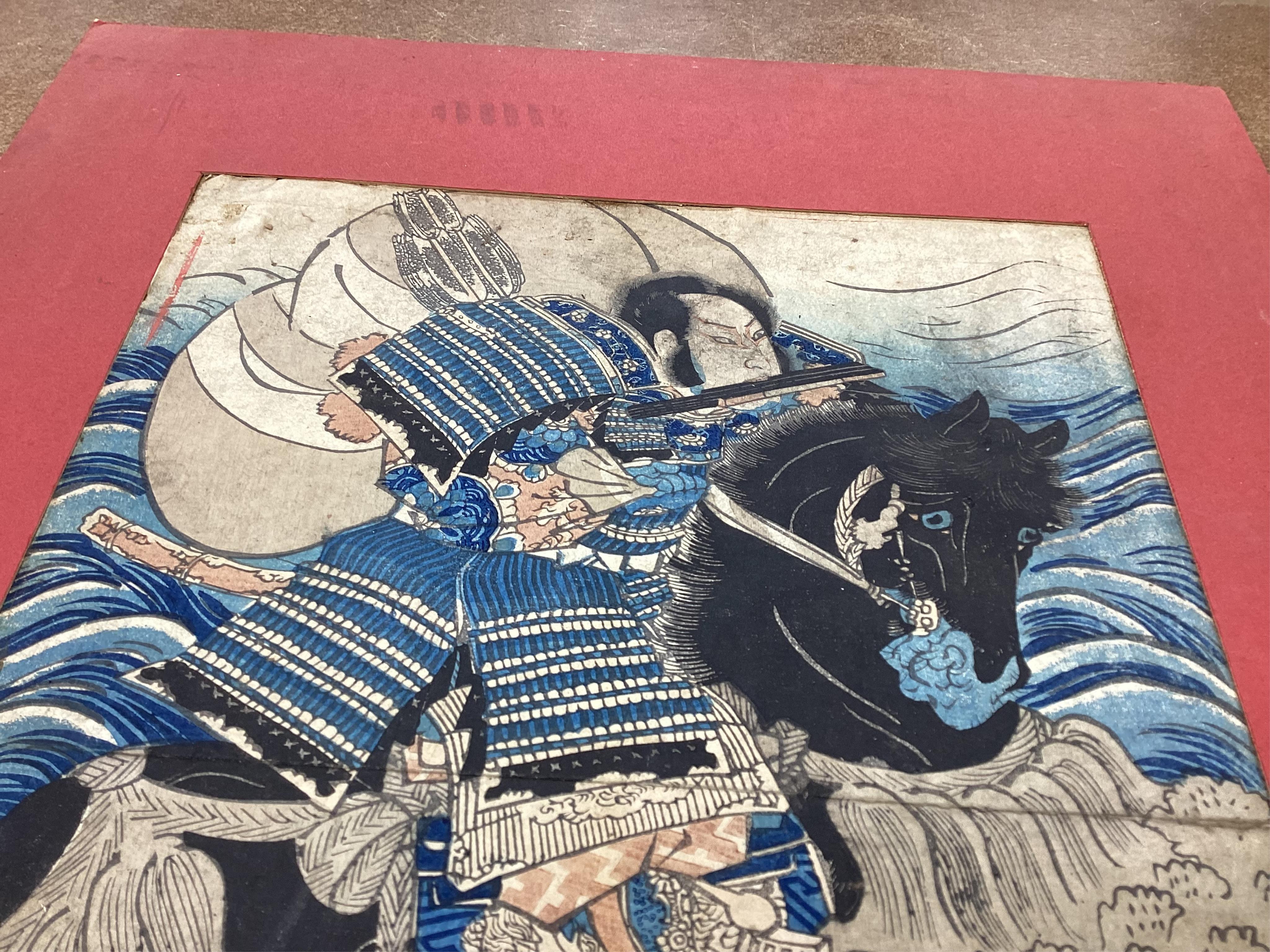 A collection of Japanese woodblock prints comprising Utagawa Kuniyoshi (1797-1861), After Utagawa Kuniyoshi, ‘Benkei on the Boat’ and another depicting a Samurai warrior on horseback, mounted, unframed, largest 35 x 24cm